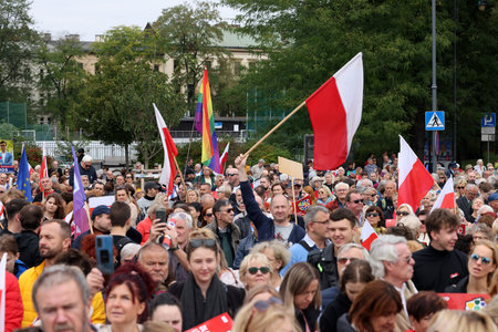 Cracow, Poland - October 1, 2023: Million Hearts March in Krakow. Crowds of Poles march through the streets of Krakow protesting against PiS's ruleのeditorial素材