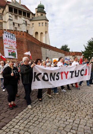 Cracow, Poland - October 1, 2023: Million Hearts March in Krakow. Crowds of Poles march through the streets of Krakow protesting against PiS's ruleのeditorial素材