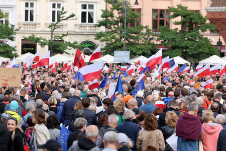 Cracow, Poland - October 1, 2023: Million Hearts March in Krakow. Crowds of Poles march through the streets of Krakow protesting against PiS's ruleのeditorial素材