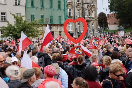 Cracow, Poland - October 1, 2023: Million Hearts March in Krakow. Crowds of Poles march through the streets of Krakow protesting against PiS's ruleのeditorial素材