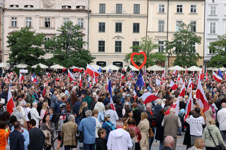 Cracow, Poland - October 1, 2023: Million Hearts March in Krakow. Crowds of Poles march through the streets of Krakow protesting against PiS's ruleのeditorial素材