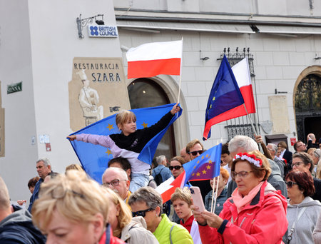 Cracow, Poland - October 1, 2023: Million Hearts March in Krakow. Crowds of Poles march through the streets of Krakow protesting against PiS's ruleのeditorial素材
