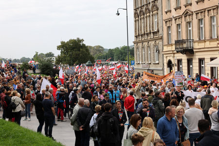 Cracow, Poland - October 1, 2023: Million Hearts March in Krakow. Crowds of Poles march through the streets of Krakow protesting against PiS's ruleのeditorial素材