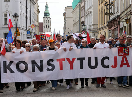 Cracow, Poland - October 1, 2023: Million Hearts March in Krakow. Crowds of Poles march through the streets of Krakow protesting against PiS's ruleのeditorial素材