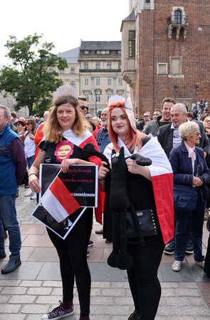 Cracow, Poland - October 1, 2023: Million Hearts March in Krakow. Crowds of Poles march through the streets of Krakow protesting against PiS's ruleのeditorial素材