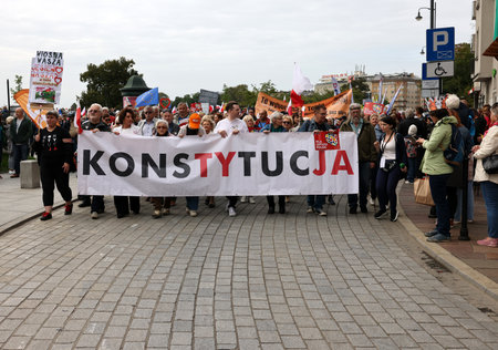 Cracow, Poland - October 1, 2023: Million Hearts March in Krakow. Crowds of Poles march through the streets of Krakow protesting against PiS's ruleのeditorial素材