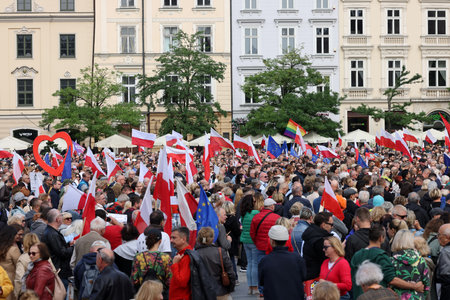 Cracow, Poland - October 1, 2023: Million Hearts March in Krakow. Crowds of Poles march through the streets of Krakow protesting against PiS's ruleのeditorial素材
