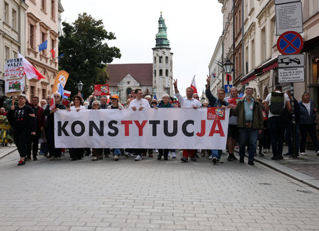 Cracow, Poland - October 1, 2023: Million Hearts March in Krakow. Crowds of Poles march through the streets of Krakow protesting against PiS's ruleのeditorial素材