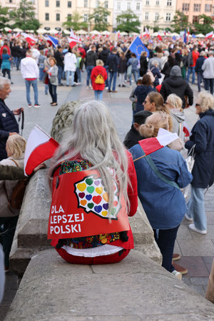 Cracow, Poland - October 1, 2023: Million Hearts March in Krakow. Crowds of Poles march through the streets of Krakow protesting against PiS's ruleのeditorial素材