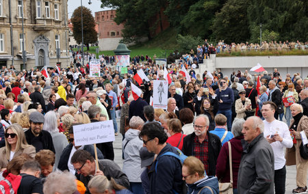 Cracow, Poland - October 1, 2023: Million Hearts March in Krakow. Crowds of Poles march through the streets of Krakow protesting against PiS's ruleのeditorial素材