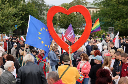 Cracow, Poland - October 1, 2023: Million Hearts March in Krakow. Crowds of Poles march through the streets of Krakow protesting against PiS's ruleのeditorial素材