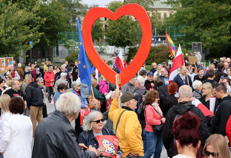 Cracow, Poland - October 1, 2023: Million Hearts March in Krakow. Crowds of Poles march through the streets of Krakow protesting against PiS's ruleのeditorial素材