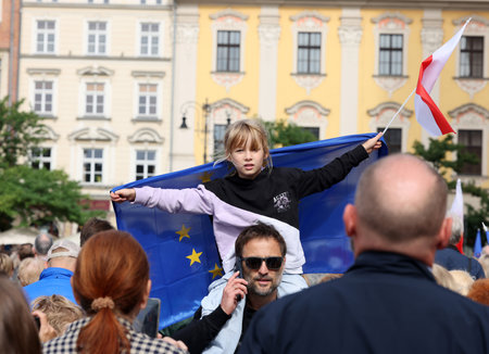 Cracow, Poland - October 1, 2023: Million Hearts March in Krakow. Crowds of Poles march through the streets of Krakow protesting against PiS's ruleのeditorial素材