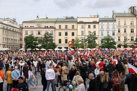 Cracow, Poland - October 1, 2023: Million Hearts March in Krakow. Crowds of Poles march through the streets of Krakow protesting against PiS's ruleのeditorial素材