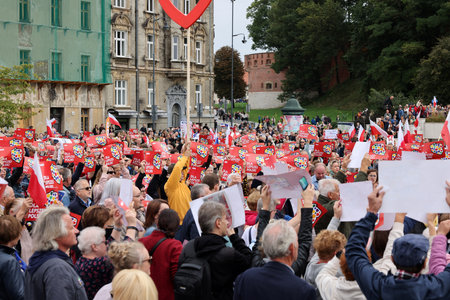Cracow, Poland - October 1, 2023: Million Hearts March in Krakow. Crowds of Poles march through the streets of Krakow protesting against PiS's ruleのeditorial素材