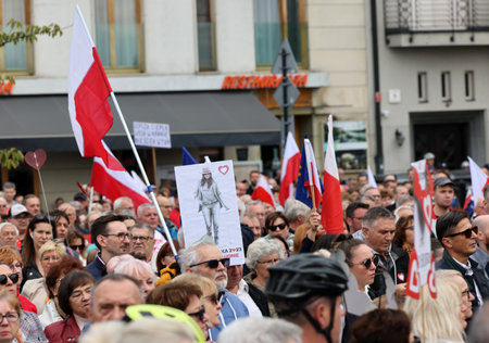 Cracow, Poland - October 1, 2023: Million Hearts March in Krakow. Crowds of Poles march through the streets of Krakow protesting against PiS's ruleのeditorial素材