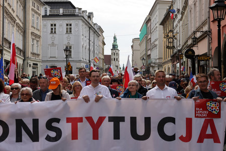 Cracow, Poland - October 1, 2023: Million Hearts March in Krakow. Crowds of Poles march through the streets of Krakow protesting against PiS's ruleのeditorial素材