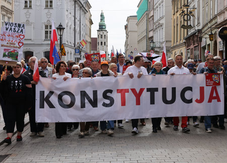 Cracow, Poland - October 1, 2023: Million Hearts March in Krakow. Crowds of Poles march through the streets of Krakow protesting against PiS's ruleのeditorial素材