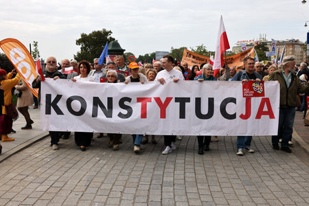 Cracow, Poland - October 1, 2023: Million Hearts March in Krakow. Crowds of Poles march through the streets of Krakow protesting against PiS's ruleのeditorial素材