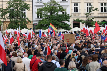 Cracow, Poland - October 1, 2023: Million Hearts March in Krakow. Crowds of Poles march through the streets of Krakow protesting against PiS's ruleのeditorial素材