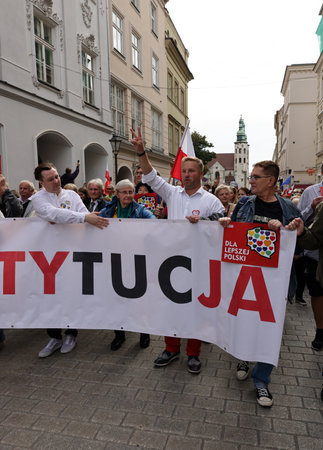 Cracow, Poland - October 1, 2023: Million Hearts March in Krakow. Crowds of Poles march through the streets of Krakow protesting against PiS's ruleのeditorial素材