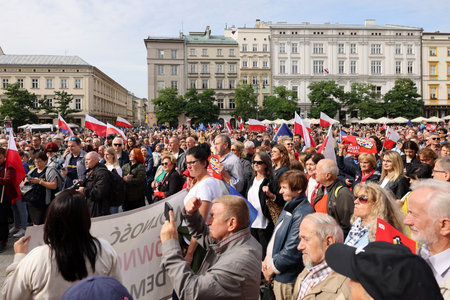 Cracow, Poland - October 1, 2023: Million Hearts March in Krakow. Crowds of Poles march through the streets of Krakow protesting against PiS's ruleのeditorial素材