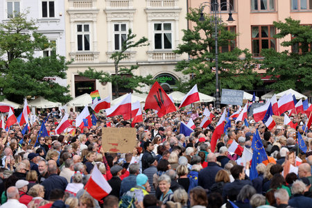 Cracow, Poland - October 1, 2023: Million Hearts March in Krakow. Crowds of Poles march through the streets of Krakow protesting against PiS's ruleのeditorial素材