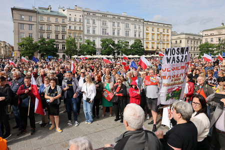 Cracow, Poland - October 1, 2023: Million Hearts March in Krakow. Crowds of Poles march through the streets of Krakow protesting against PiS's ruleのeditorial素材