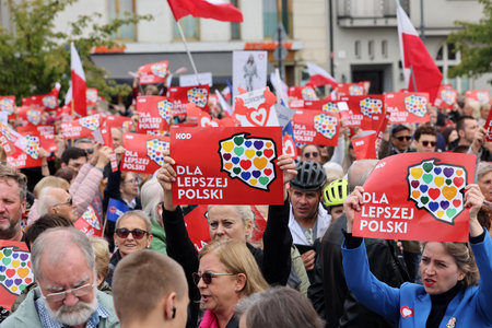 Cracow, Poland - October 1, 2023: Million Hearts March in Krakow. Crowds of Poles march through the streets of Krakow protesting against PiS's ruleのeditorial素材
