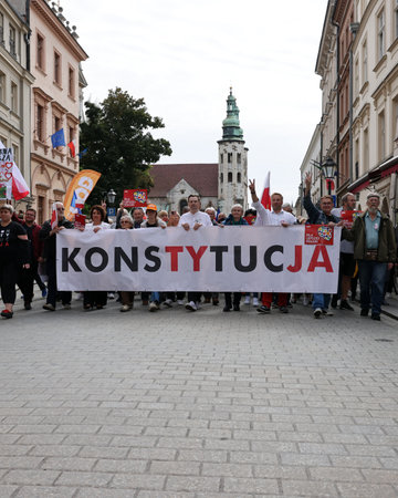 Cracow, Poland - October 1, 2023: Million Hearts March in Krakow. Crowds of Poles march through the streets of Krakow protesting against PiS's ruleのeditorial素材
