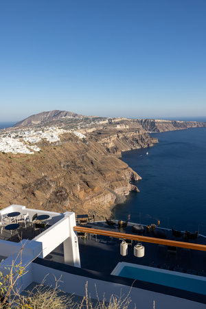 Panoramic view of the Santorini caldera cliffs from the Imerovigli village on Santorini island, Greeceの写真素材