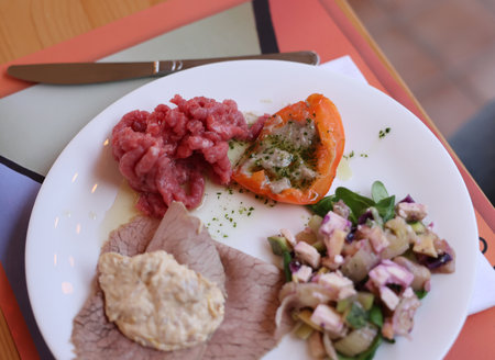 A delicious starter from Piedmont. Steak tartare, carpaccio, stuffed peppers, and saladの写真素材