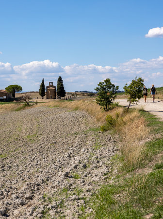 Capella Di Vitaleta in the countryside between San Quirico and Pienza in Val d Orcia Tuscany. Italyの写真素材