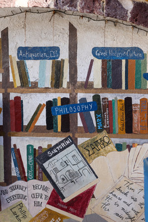 Oia, Santorini, Greece - June 28, 2021: Atlantis Books, a bookshop on the main street of Oia, Santorin, Greeceのeditorial素材