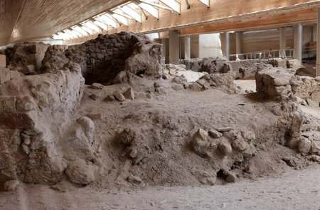 Santorini, Greece - July 01, 2021: Akrotiri, excavation site of a Minoan Bronze Age settlement on the Greek island of Santoriniのeditorial素材