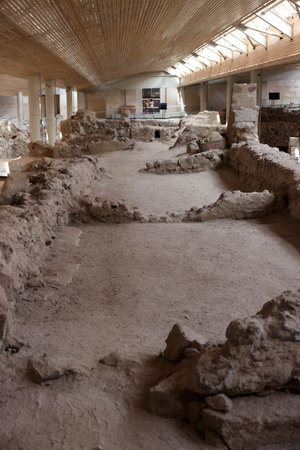 Santorini, Greece - July 01, 2021: Akrotiri, excavation site of a Minoan Bronze Age settlement on the Greek island of Santoriniのeditorial素材