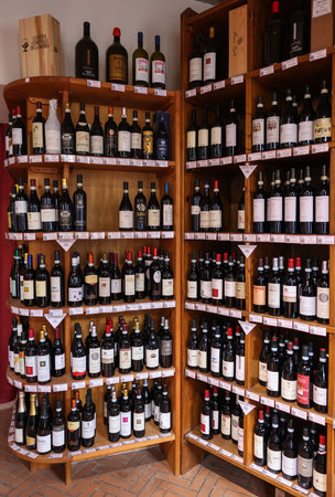 La Morra, Piedmont, Italy - Sept 8, 2022: Interior of a wine shop in La Morra, Piedmont, Italyのeditorial素材