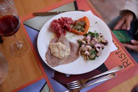 A delicious starter from Piedmont. Steak tartare, carpaccio, stuffed peppers, and saladの写真素材