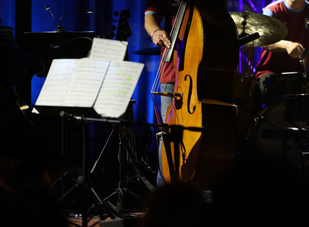 Double bass on the stage during the concertの写真素材