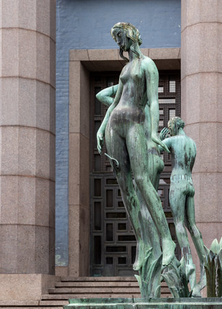 Stockholm, Sweden - July 25, 2023: Bronze fountain, the Orfeus-brunnen by Carl Milles in front of the entrance to the Stockholm Concert Hallのeditorial素材
