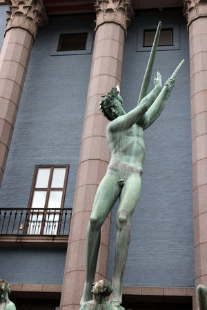 Stockholm, Sweden - July 25, 2023: Bronze fountain, the Orfeus-brunnen by Carl Milles in front of the entrance to the Stockholm Concert Hallのeditorial素材