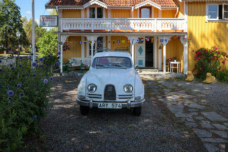 Trosa, Sweden - July 29, 2023: Saab 93 B de luxe, model year 1959, parked in front of a house in Trosa, Swedenのeditorial素材