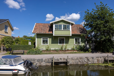 Trosa, Sweden - July 29, 2023: View of the old wooden House in the picturesque seaside town of Trosa in SÃ¶dermanland. Sweden.のeditorial素材