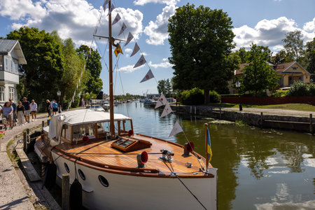 Trosa, Sweden - July 29, 2023: View of the Trosa river with moored pleasure boats in the picturesque seaside town of Trosa in SÃ¶dermanland. Sweden.のeditorial素材