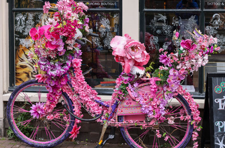 Amsterdam, Netherlands - April 21, 2023: Old bicycle decorated with pink flowers in De Wallen - called the red light district. It is famous for its entertainment characterのeditorial素材