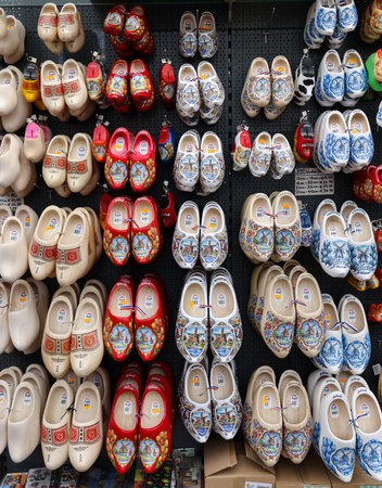 Amsterdam, Netherlands - April 21, 2023: Traditional Dutch Clogs for sale at the flower market,...
