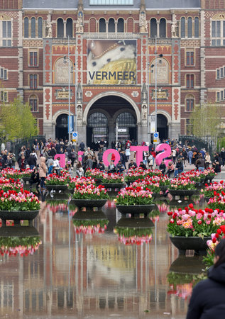Amsterdam, Netherlands - April 21, 2023: Colorful tulips flowers in the pond in front of the Rijksmuseum in Amsterdam. Netherlandsのeditorial素材