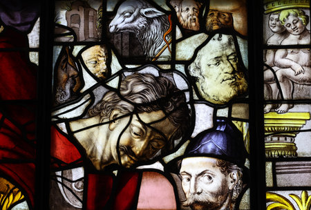 Gouda, the Nehterlands - April 20, 2023: The Stained glass windows in the Sint Janskerkのeditorial素材