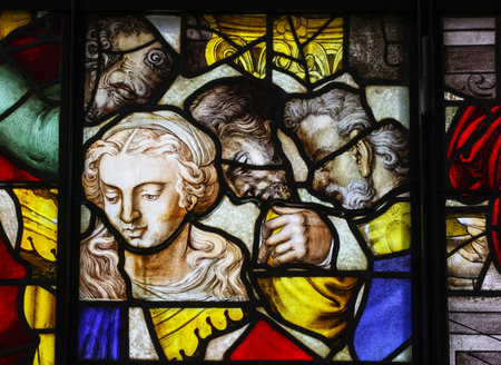 Gouda, the Nehterlands - April 20, 2023: The Stained glass windows in the Sint Janskerkのeditorial素材