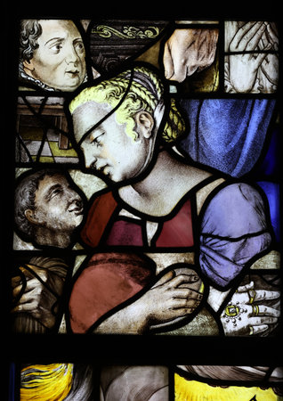 Gouda, the Nehterlands - April 20, 2023: The Stained glass windows in the Sint Janskerkのeditorial素材